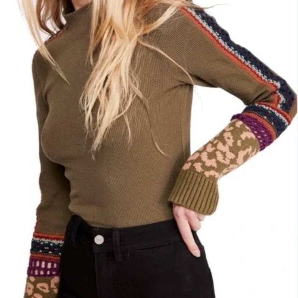 Free People Olive and Multicolor Turtleneck Sweater